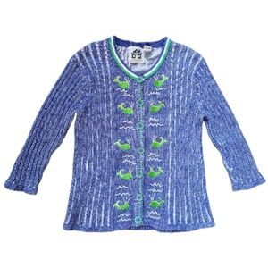 Storybook Knits Whale Cardigan Sweater Button Down Ocean Beaded Vintage Ramie MD